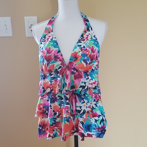 Coffee Plaid Floral Print Frilled Ruffles Plunging Neck Halter Tied Tankini Top